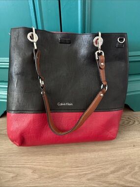 Calvin Klein Black, Red and Brown Colorblock Tote